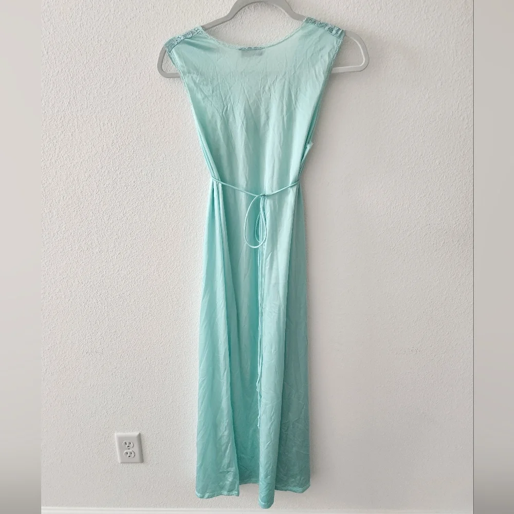 Vintage 90s Light Blue Aqua Lace Trim Long Slip Chemise Dress Made In USA S - Picture 2 of 9
